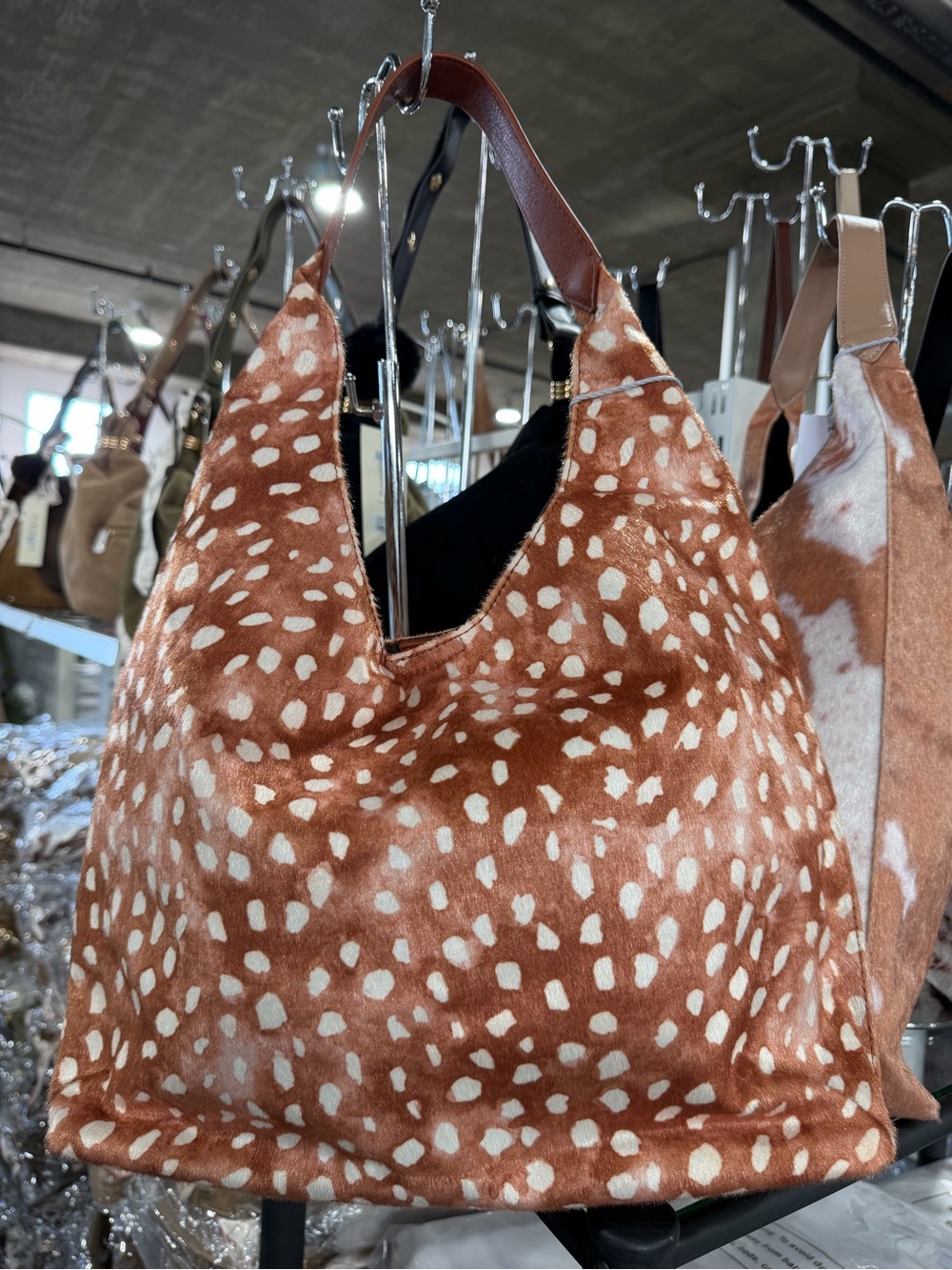 Deer Print Fuzzy Spotted Brown Hobo Bag with Leather Strap
